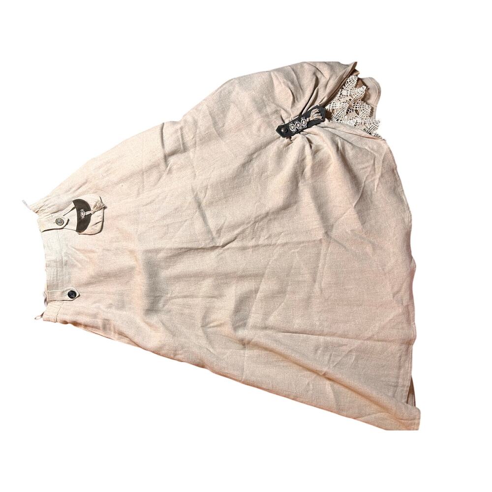 LANDEHAUS Linen Midi Skirt Lace Trim Rustic Cottagecore Neutral M